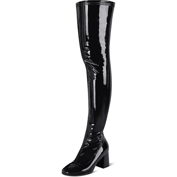 Women Black Patent Leather PU Chunky Heel Over The Knee Square Toe Long Boot - Picture 1 of 6